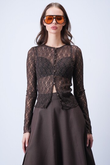 Kahverengi Düğmeli Dantel Bluz