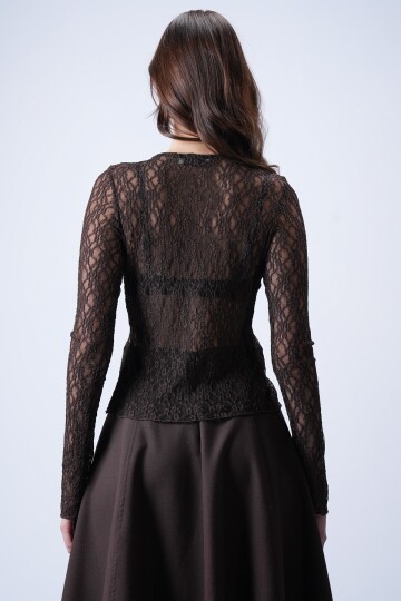 Kahverengi Düğmeli Dantel Bluz