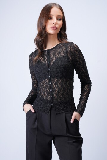 Siyah Düğmeli Dantel Bluz
