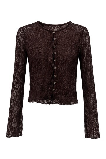 Kahverengi Düğmeli Dantel Bluz