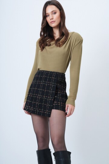 Ekose Desenli Tweed Şort Etek