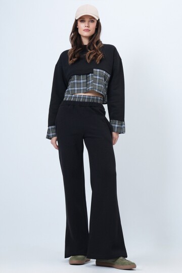 Ekose Detaylı Sweatshirt ve Geniş Paça Pantolon Takım