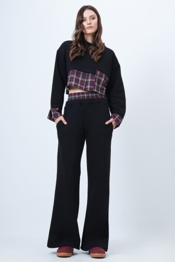 Ekose Detaylı Sweatshirt ve Geniş Paça Pantolon Takım