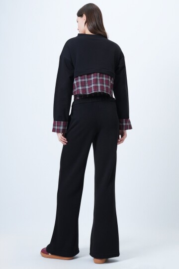 Ekose Detaylı Sweatshirt ve Geniş Paça Pantolon Takım