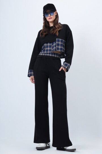 Ekose Detaylı Sweatshirt ve Geniş Paça Pantolon Takım