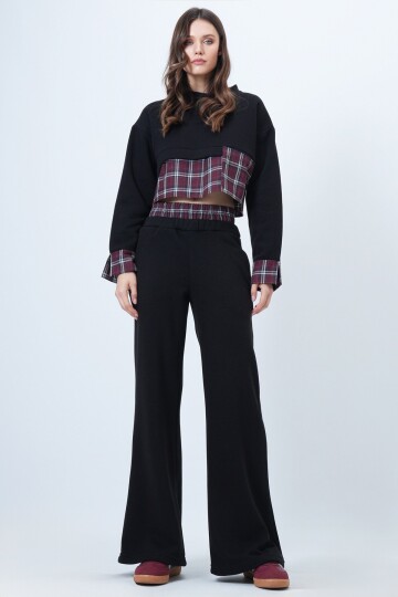 Ekose Detaylı Sweatshirt ve Geniş Paça Pantolon Takım