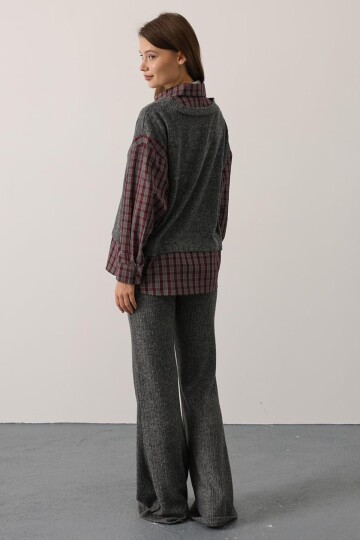 Ekose Gömlekli Hırka ve İspanyol Paça Pantolon Takım