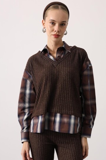 Ekose Gömlekli Hırka ve İspanyol Paça Pantolon Takım