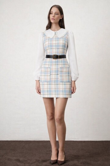 Ekoseli Bebe Yaka Mini Boy Kemerli Elbise