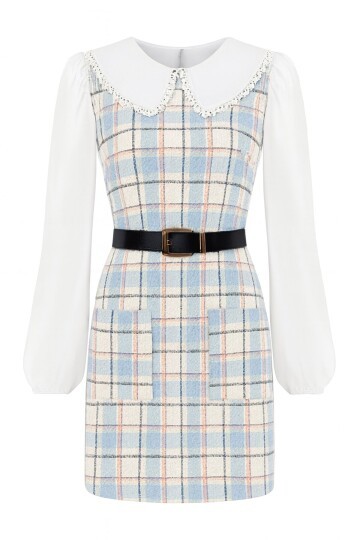 Ekoseli Bebe Yaka Mini Boy Kemerli Elbise