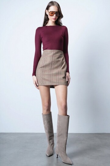 Bej Ekoseli Mini Etek