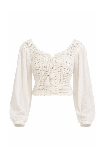 Ekru Kare Yaka Önü Bağlamalı Kroşata Dokuma Crop Bluz