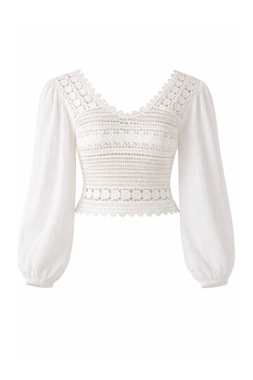 Ekru Kare Yaka Önü Bağlamalı Kroşata Dokuma Crop Bluz