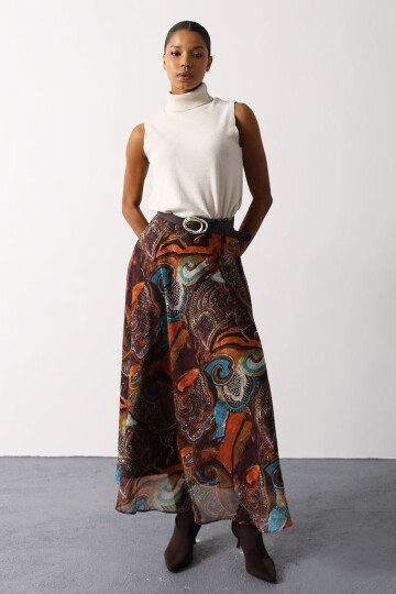 Etnik Desenli Fermuar Kapamalı Kemerli Etek