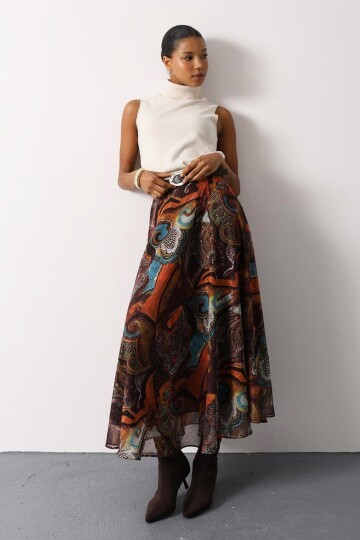 Etnik Desenli Fermuar Kapamalı Kemerli Etek