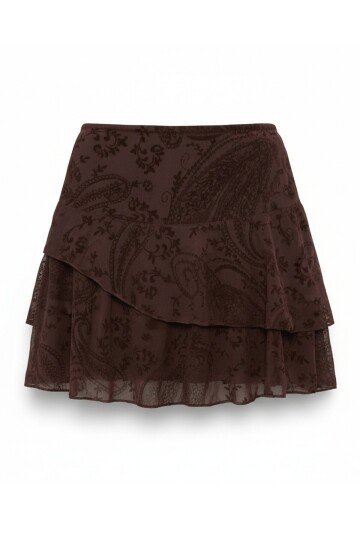 Fermuar Kapamalı Astarlı Flok Baskılı Tül Mini Etek