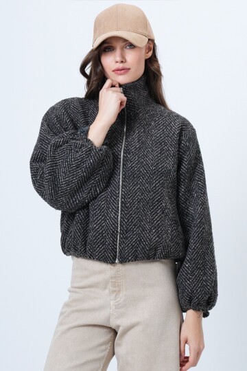 Fermuar Kapamalı Beli Lastikli Çift Cepli Bomber Kaşe Mont