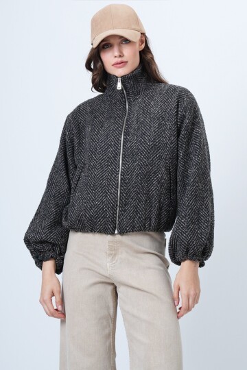 Fermuar Kapamalı Beli Lastikli Çift Cepli Bomber Kaşe Mont