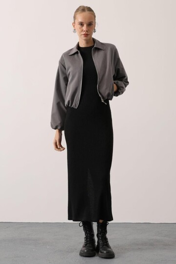 Fermuar Kapamalı Beli Ve Kolları Lastikli Bomber Astarlı Ceket