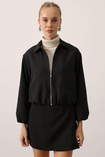 Fermuar Kapamalı Beli Ve Kolları Lastikli Bomber Astarlı Ceket