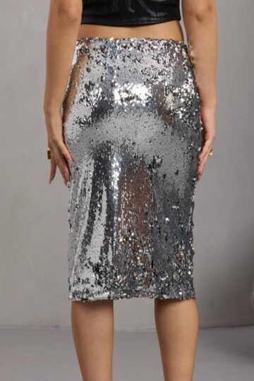 Fermuar Kapamalı Payetli Midi Etek