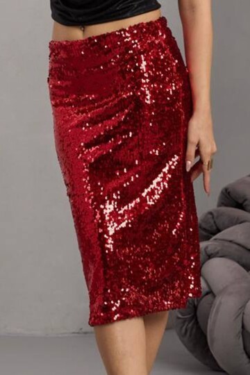 Fermuar Kapamalı Payetli Midi Etek