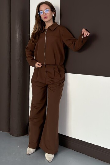 Fermuar Kapamalı Astarlı Ceket Bol Paça Pantolon Takım