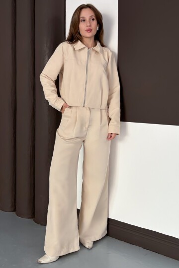 Fermuar Kapamalı Astarlı Ceket Bol Paça Pantolon Takım