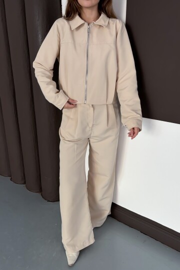 Fermuar Kapamalı Astarlı Ceket Bol Paça Pantolon Takım