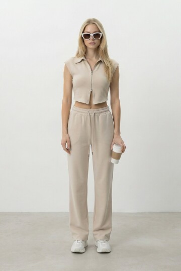 Fermuarlı Crop Hırka Ve Lastikli Eşofman Takımı