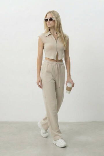 Fermuarlı Crop Hırka Ve Lastikli Eşofman Takımı