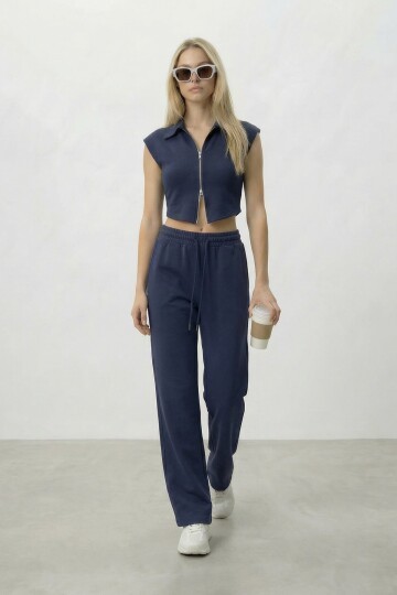 Fermuarlı Crop Hırka Ve Lastikli Eşofman Takımı