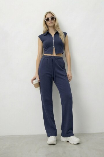 Fermuarlı Crop Hırka Ve Lastikli Eşofman Takımı