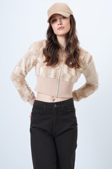 Fermuarlı Peluş Dokulu Suni Kürk Astarsız Crop Ceket