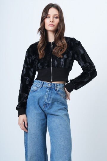 Fermuarlı Peluş Dokulu Suni Kürk Astarsız Crop Ceket
