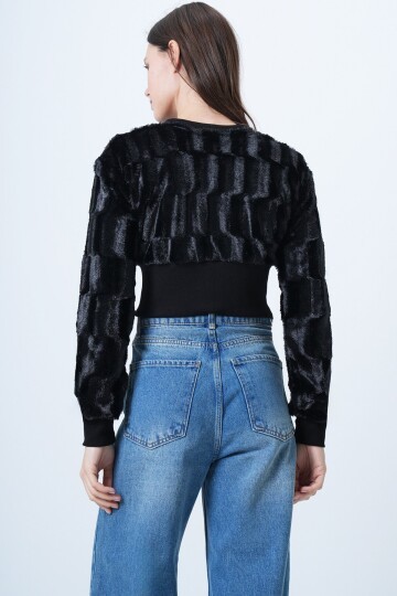 Fermuarlı Peluş Dokulu Suni Kürk Astarsız Crop Ceket