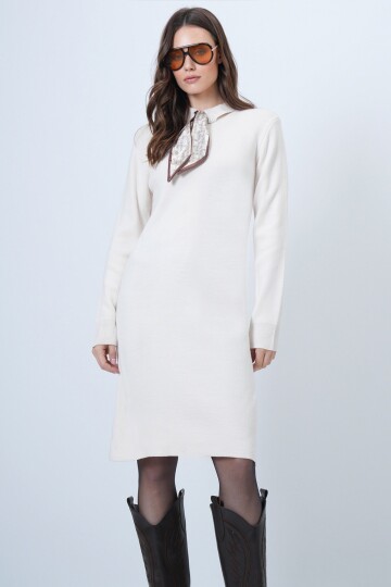 Fularlı Gömlek Yaka Mini Boy Elbise