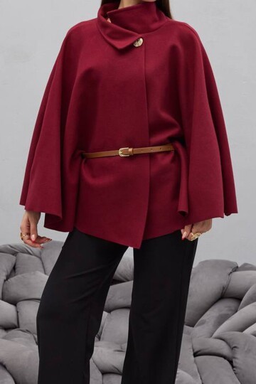 Gold Düğmeli Kemerli Kaşe Panço