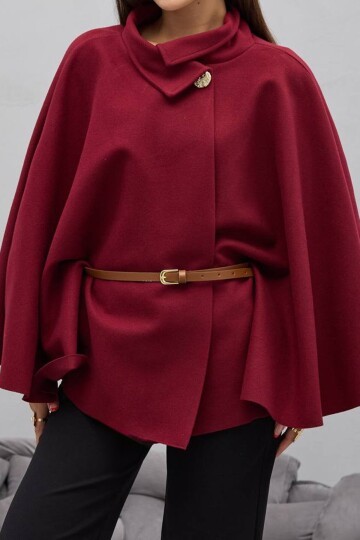 Gold Düğmeli Kemerli Kaşe Panço