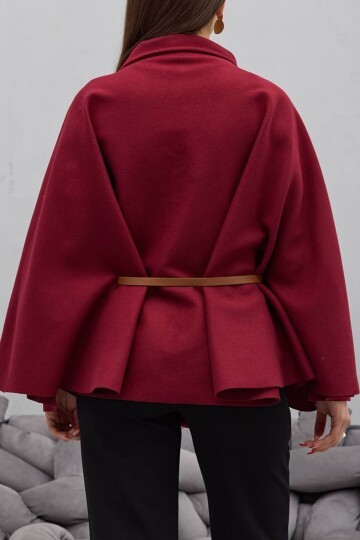 Gold Düğmeli Kemerli Kaşe Panço