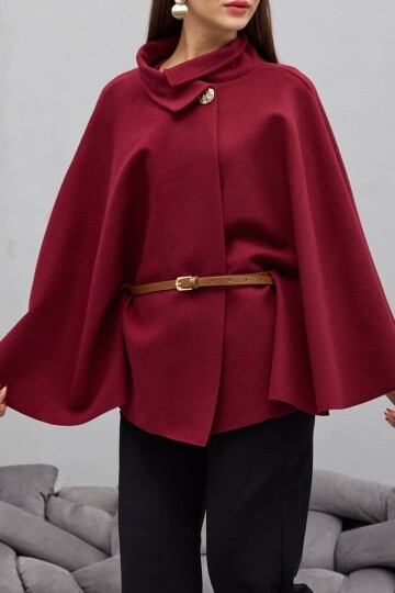 Gold Düğmeli Kemerli Kaşe Panço