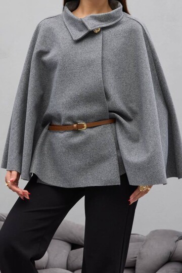 Gold Düğmeli Kemerli Kaşe Panço