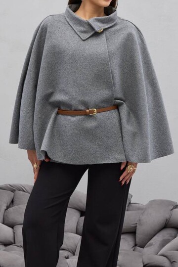 Gold Düğmeli Kemerli Kaşe Panço