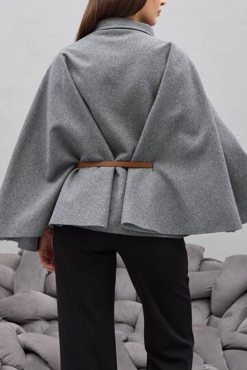 Gold Düğmeli Kemerli Kaşe Panço