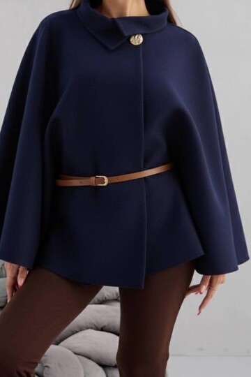 Gold Düğmeli Kemerli Kaşe Panço