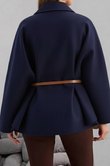 Gold Düğmeli Kemerli Kaşe Panço