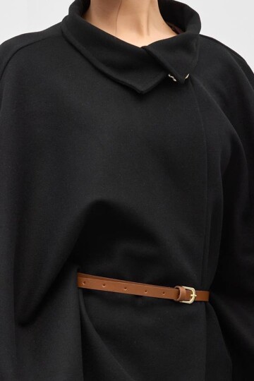 Gold Düğmeli Kemerli Kaşe Panço