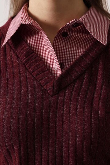 Gömlek Detaylı Büzgülü Bluz ve Beli Lastikli Pantolon Triko Takım