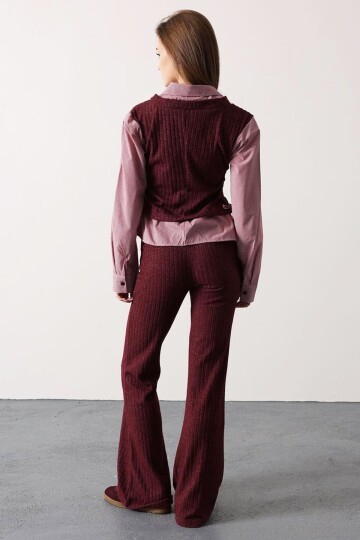 Gömlek Detaylı Büzgülü Bluz ve Beli Lastikli Pantolon Triko Takım