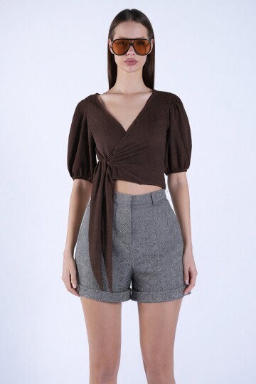 Gri Duble Paça Çift Cepli Kışlık Kaşe Şort